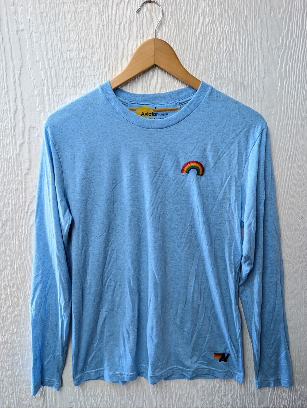 Aviator Nation Light Blue Rainbow Embroidered Long Sleeve T-Shirt Size Small